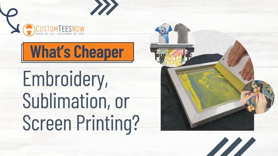 Comparison of embroidery, sublimation, and screen printing techniques showing cost differences on apparel