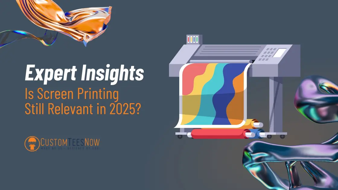 Modern screen printing process showing automated press applying ink to t-shirts in a commercial printing facility, highlighting the evolution of traditional screen printing technology